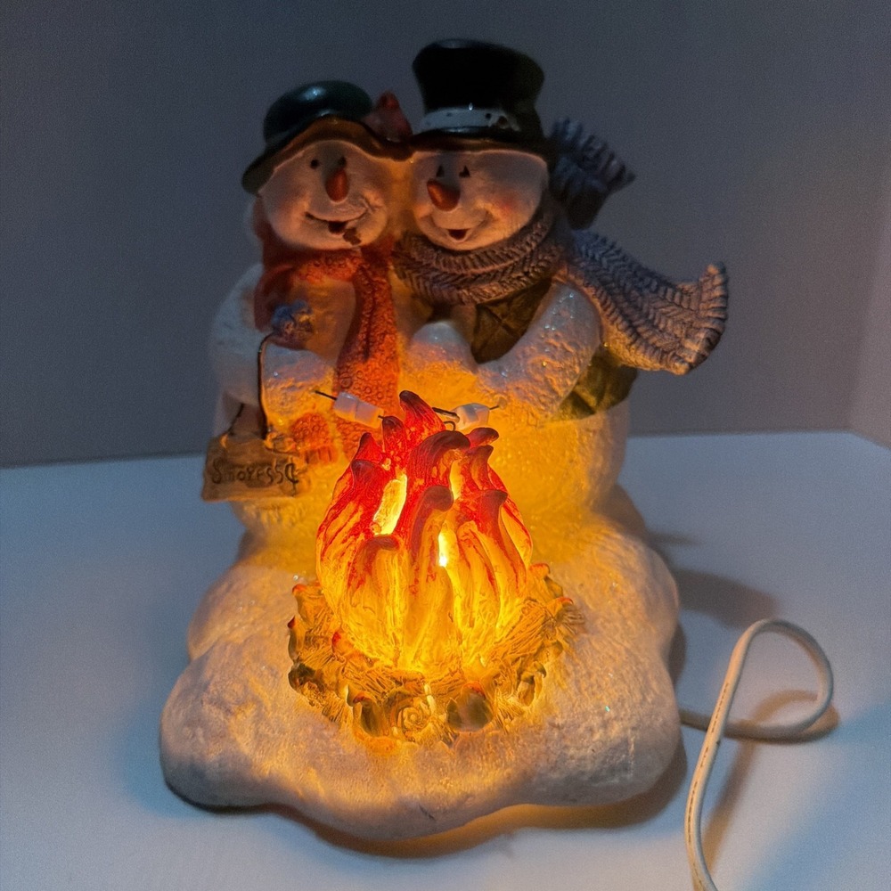 Lighted Snowman Couple Roasting Marshmallows Campfire Figurine Christmas Decor